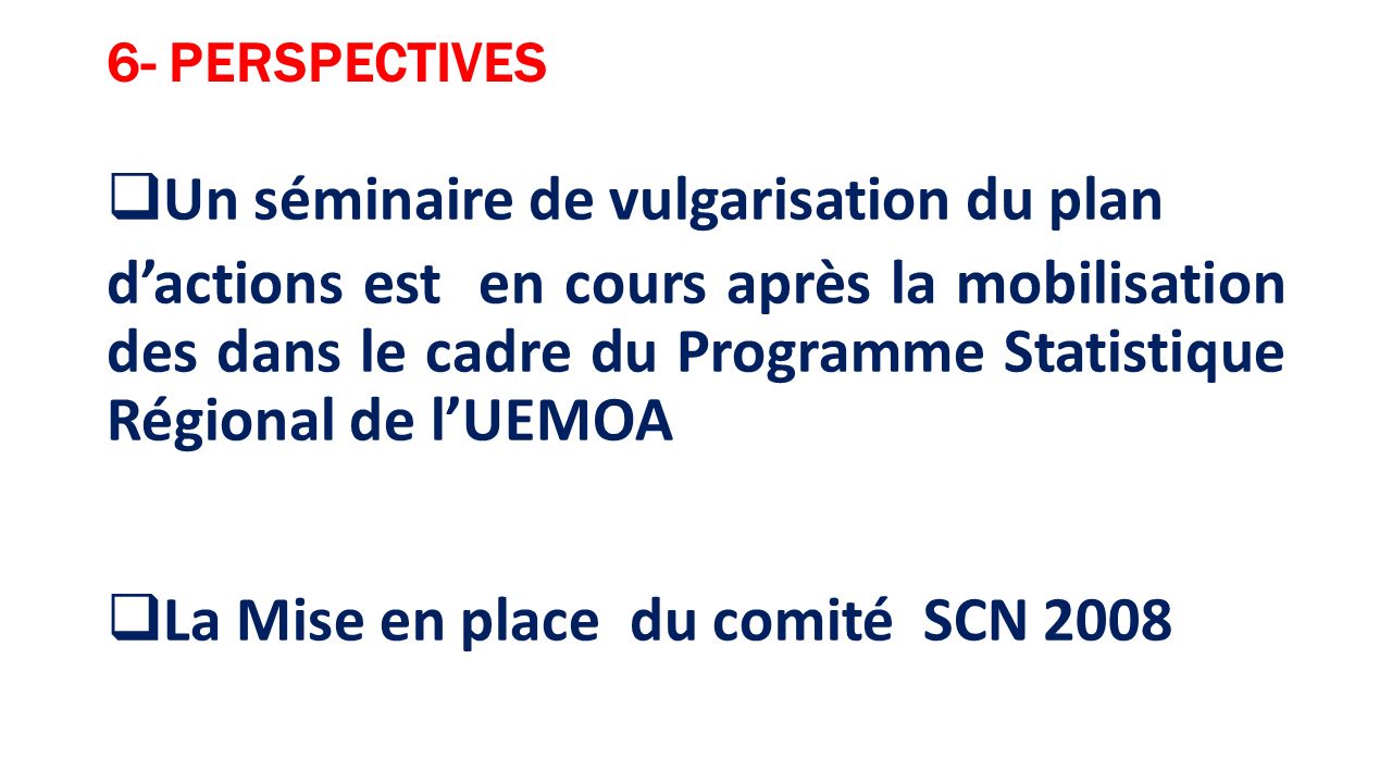 6- PERSPECTIVES  Un séminaire de vulgarisation du plan d’actions est en cours après la mobilisation des dans le cadre du Programme Statistique Régional de l’UEMOA  La Mise en place du comité SCN 2008