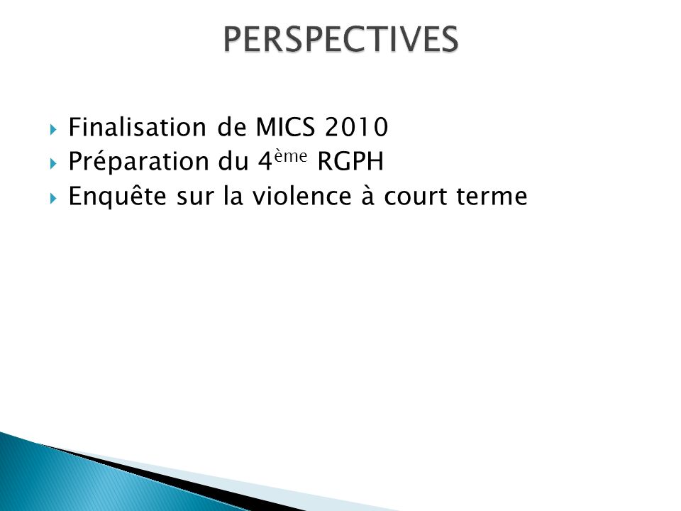  Finalisation de MICS 2010  Préparation du 4 ème RGPH  Enquête sur la violence à court terme