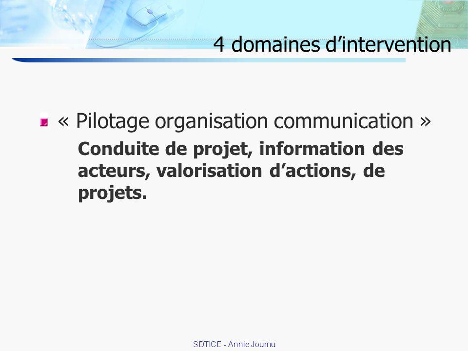 13 SDTICE - Annie Journu 4 domaines dintervention « Pilotage organisation communication » Conduite de projet, information des acteurs, valorisation dactions, de projets.