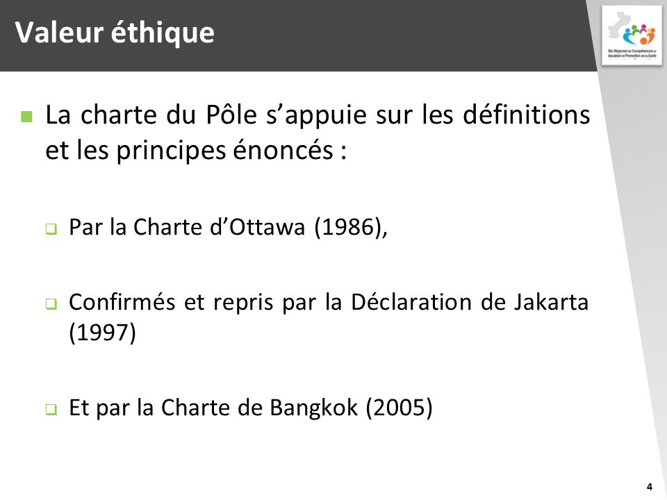 Valeur éthique La charte du Pôle s’appuie sur les définitions et les principes énoncés :  Par la Charte d’Ottawa (1986),  Confirmés et repris par la Déclaration de Jakarta (1997)  Et par la Charte de Bangkok (2005) 4