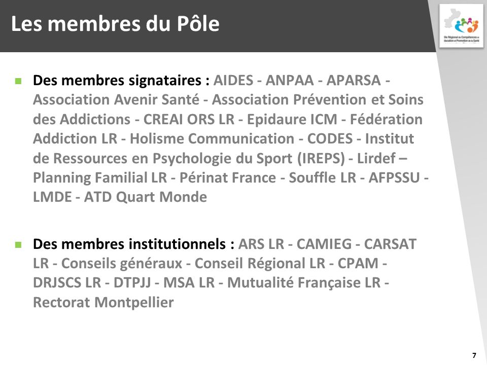 Les membres du Pôle Des membres signataires : AIDES - ANPAA - APARSA - Association Avenir Santé - Association Prévention et Soins des Addictions - CREAI ORS LR - Epidaure ICM - Fédération Addiction LR - Holisme Communication - CODES - Institut de Ressources en Psychologie du Sport (IREPS) - Lirdef – Planning Familial LR - Périnat France - Souffle LR - AFPSSU - LMDE - ATD Quart Monde Des membres institutionnels : ARS LR - CAMIEG - CARSAT LR - Conseils généraux - Conseil Régional LR - CPAM - DRJSCS LR - DTPJJ - MSA LR - Mutualité Française LR - Rectorat Montpellier 7