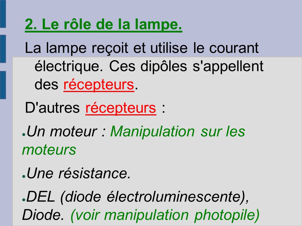 2. Le rôle de la lampe. La lampe reçoit et utilise le courant électrique.