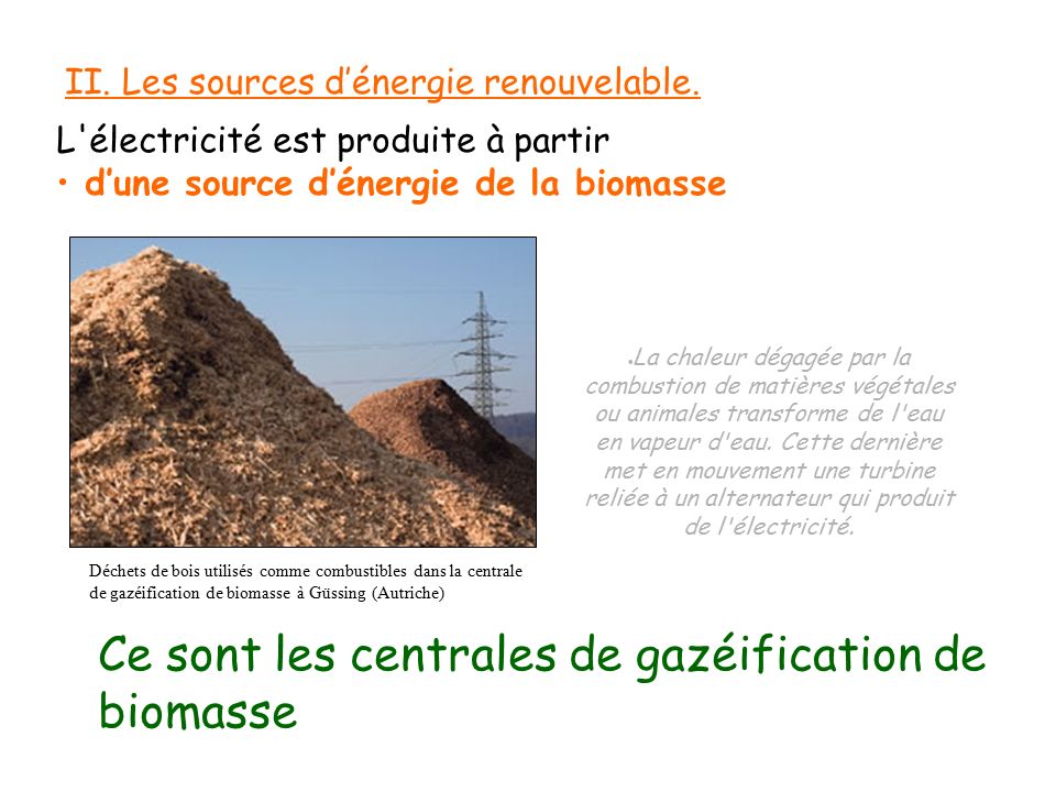 L électricité est produite à partir d’une source d’énergie de la biomasse Ce sont les centrales de gazéification de biomasse II.