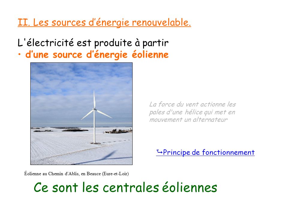 L électricité est produite à partir d’une source d’énergie éolienne Ce sont les centrales éoliennes II.