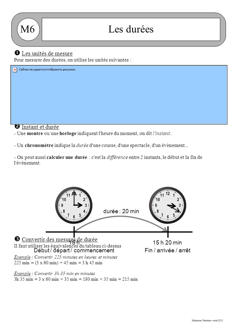 Maitresse Célestine – août 2011 M6Les durées  Les unités de mesure Pour mesurer des durées, on utilise les unités suivantes :  Instant et durée - Une montre ou une horloge indiquent l heure du moment, on dit l instant.