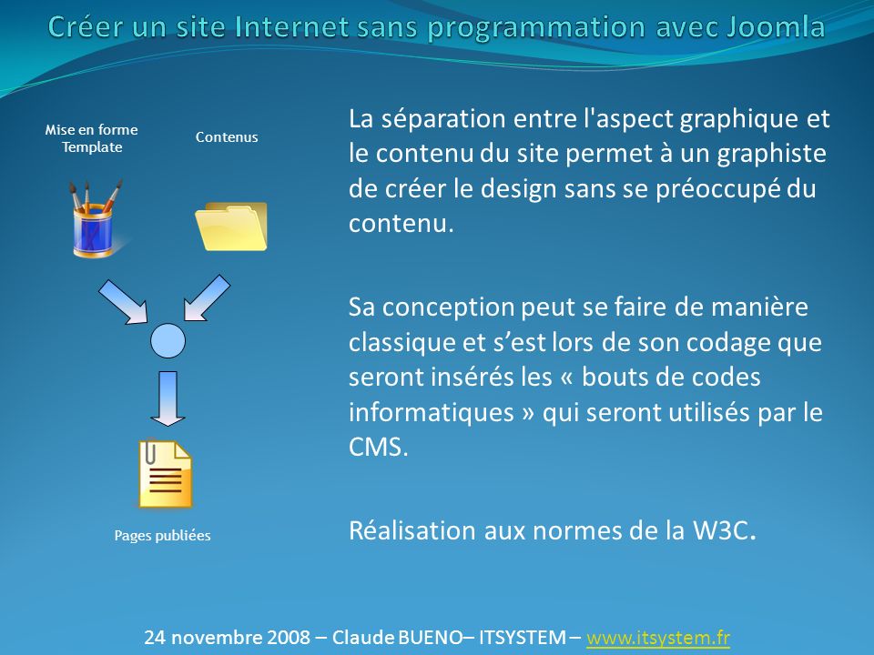 24 novembre 2008 – Claude BUENO– ITSYSTEM –   La séparation entre l aspect graphique et le contenu du site permet à un graphiste de créer le design sans se préoccupé du contenu.