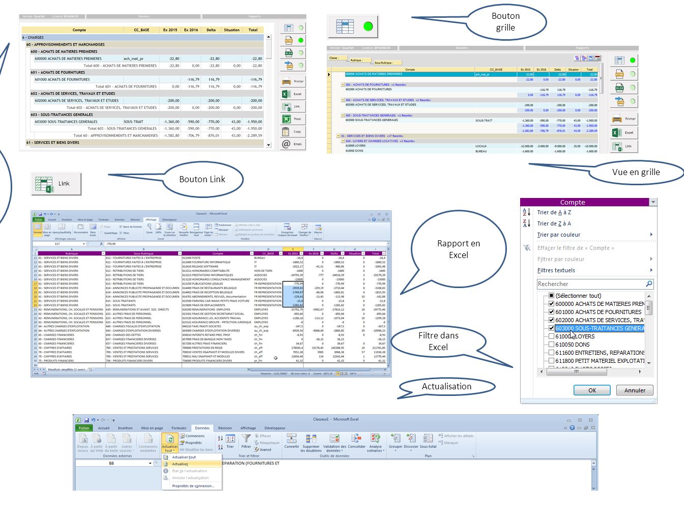 Lancement du rapport, qui n’était pas en grille, mais en html Vue en grille Rapport en Excel Bouton grille Actualisation Filtre dans Excel Bouton Link