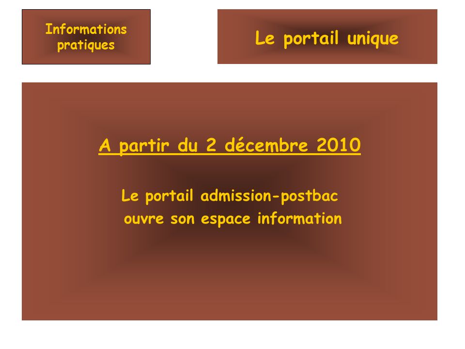Informations pratiques A partir du 2 décembre 2010 Le portail admission-postbac ouvre son espace information Le portail unique