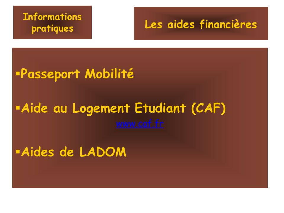 Informations pratiques  Passeport Mobilité  Aide au Logement Etudiant (CAF)    Aides de LADOM Les aides financières