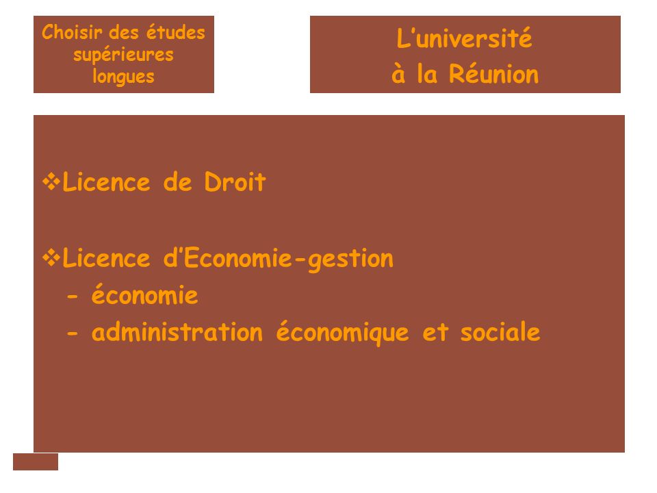 Choisir des études supérieures longues  Licence de Droit  Licence d’Economie-gestion - économie - administration économique et sociale L’université à la Réunion