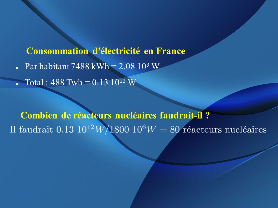 Consommation d électricité en France ● Par habitant 7488 kWh = W ● Total : 488 Twh = W Combien de réacteurs nucléaires faudrait-il