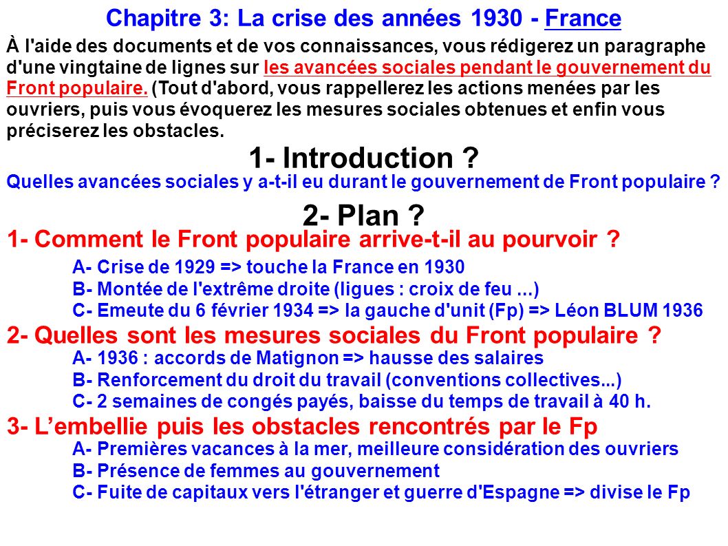 Chapitre 3: La crise des années France À l aide des documents et de vos connaissances, vous rédigerez un paragraphe d une vingtaine de lignes sur les avancées sociales pendant le gouvernement du Front populaire.