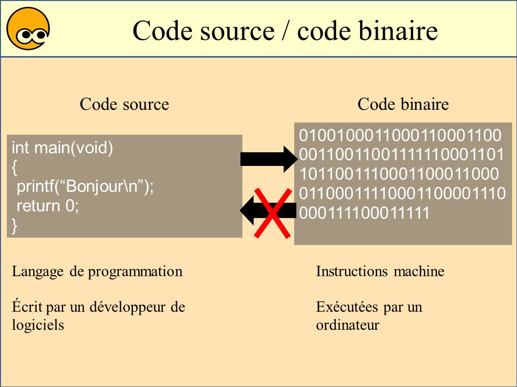 Code source / code binaire int main(void) { printf( Bonjour\n ); return 0; } Code sourceCode binaire Instructions machine Exécutées par un ordinateur Langage de programmation Écrit par un développeur de logiciels