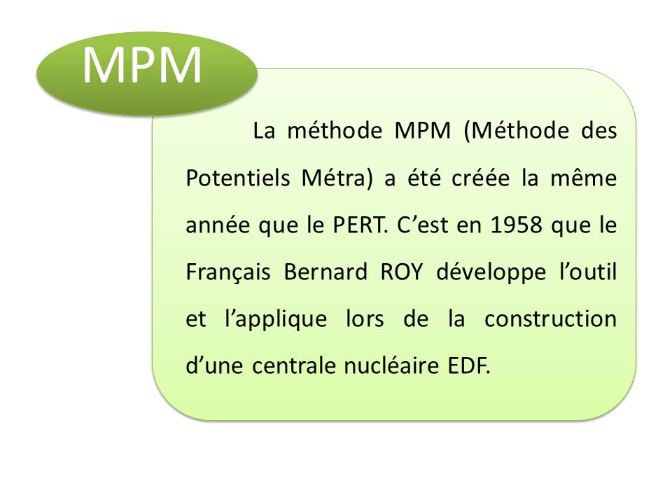 La méthode MPM (Méthode des Potentiels Métra) a été créée la même année que le PERT.