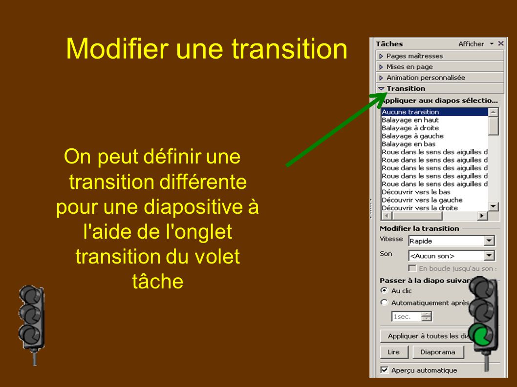 Modifier une transition On peut définir une transition différente pour une diapositive à l aide de l onglet transition du volet tâche