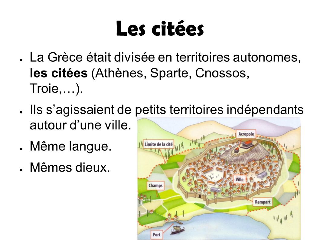 Les citées ● La Grèce était divisée en territoires autonomes, les citées (Athènes, Sparte, Cnossos, Troie,…).