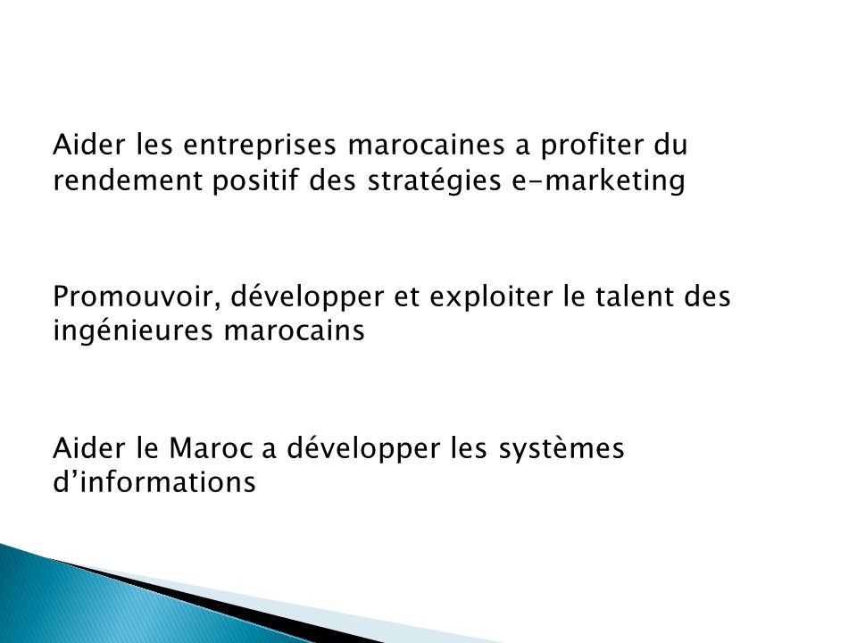 Aider les entreprises marocaines a profiter du rendement positif des stratégies e-marketing Promouvoir, développer et exploiter le talent des ingénieures marocains Aider le Maroc a développer les systèmes d’informations