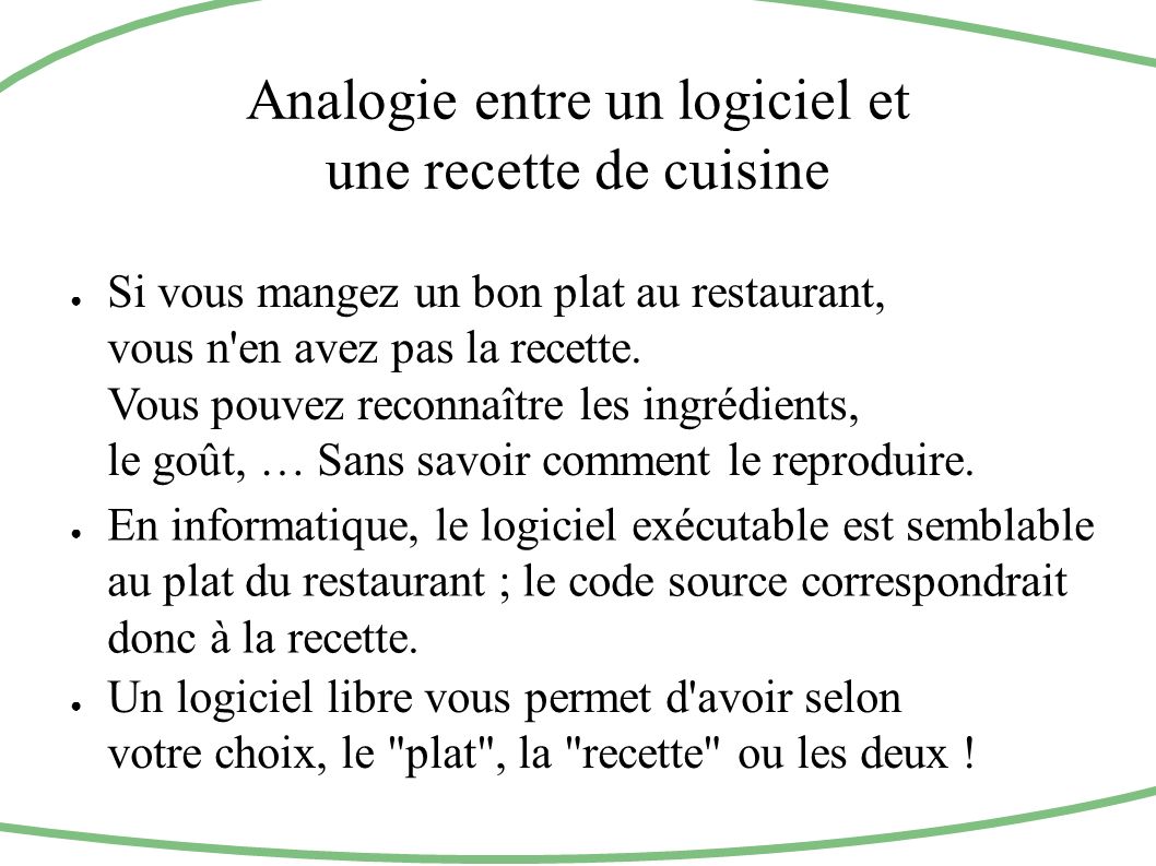 Analogie entre un logiciel et une recette de cuisine ● Si vous mangez un bon plat au restaurant, vous n en avez pas la recette.