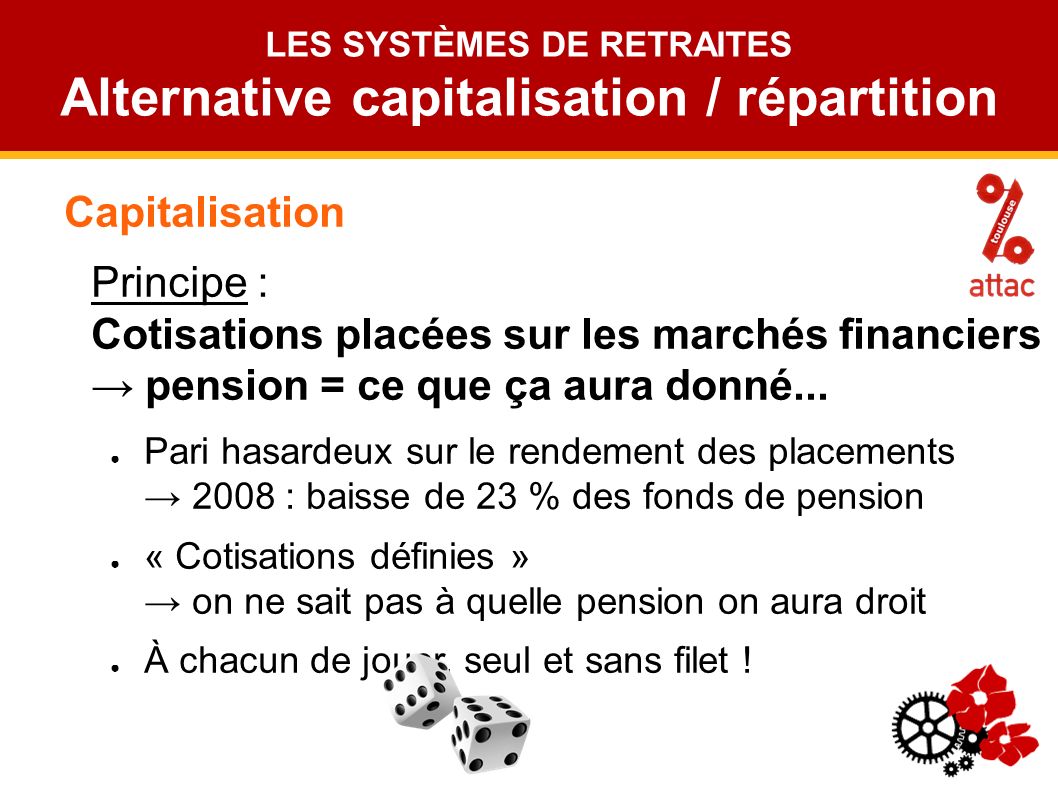 Capitalisation Principe : Cotisations placées sur les marchés financiers → pension = ce que ça aura donné...