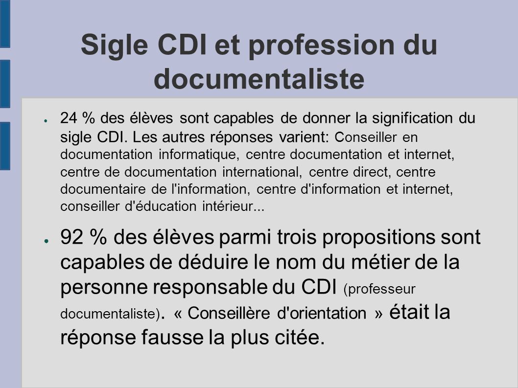 Sigle CDI et profession du documentaliste ● 24 % des élèves sont capables de donner la signification du sigle CDI.
