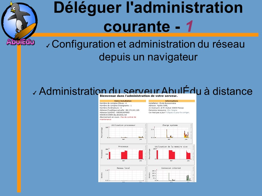 Déléguer l administration courante - 1 ✔ Configuration et administration du réseau depuis un navigateur ✔ Administration du serveur AbulÉdu à distance