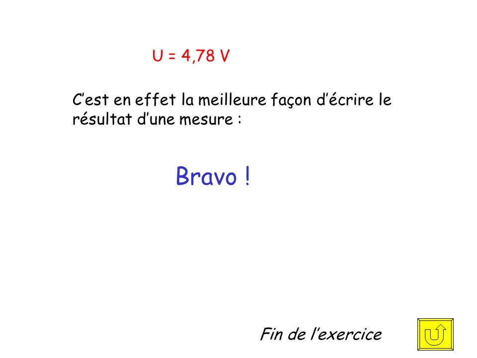 C’est en effet la meilleure façon d’écrire le résultat d’une mesure : Fin de l’exercice U = 4,78 V Bravo !