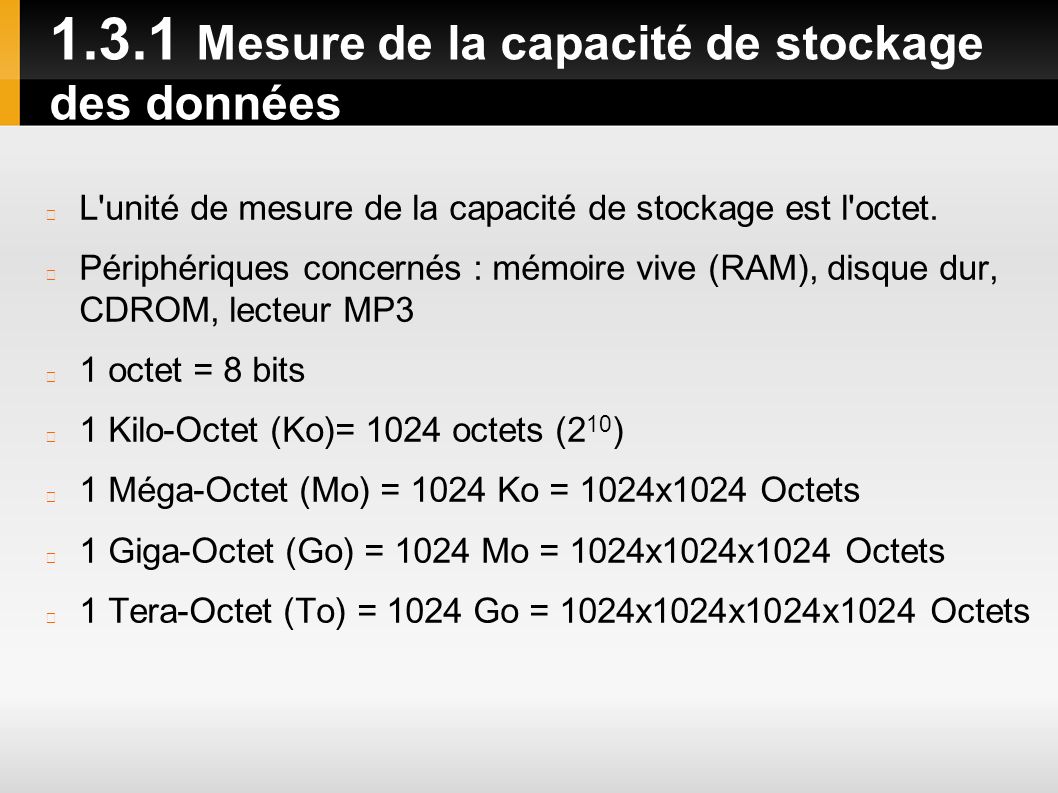 1.3.1 Mesure de la capacité de stockage des données L unité de mesure de la capacité de stockage est l octet.