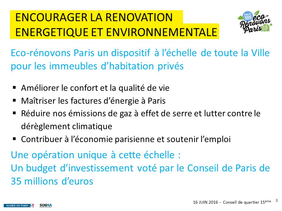 16 JUIN Conseil de quartier 15 ème Eco-rénovons Paris un dispositif à l’échelle de toute la Ville pour les immeubles d’habitation privés  Améliorer le confort et la qualité de vie  Maîtriser les factures d’énergie à Paris  Réduire nos émissions de gaz à effet de serre et lutter contre le dérèglement climatique  Contribuer à l’économie parisienne et soutenir l’emploi ENCOURAGER LA RENOVATION ENERGETIQUE ET ENVIRONNEMENTALE Une opération unique à cette échelle : Un budget d’investissement voté par le Conseil de Paris de 35 millions d’euros 3