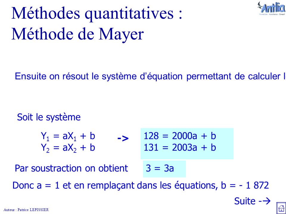 Auteur : Patrice LEPISSIER Ensuite on résout le système d’équation permettant de calculer les coefficients « a » et « b » de la droite d’ajustement.