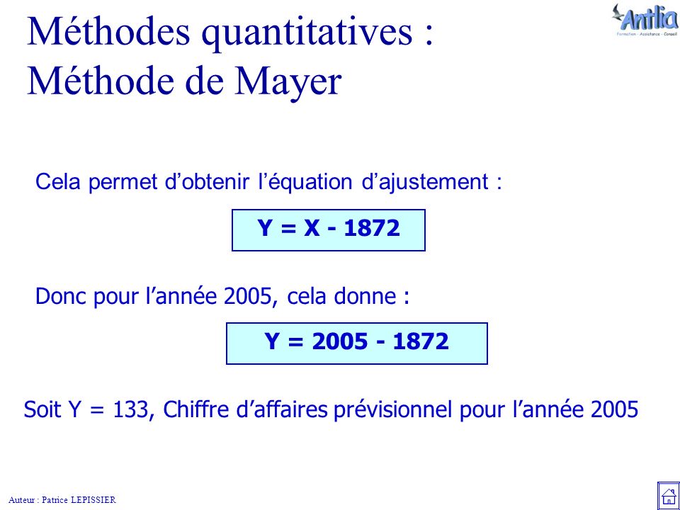 Auteur : Patrice LEPISSIER Cela permet d’obtenir l’équation d’ajustement : Méthodes quantitatives : Méthode de Mayer Y = X Donc pour l’année 2005, cela donne : Y = Soit Y = 133, Chiffre d’affaires prévisionnel pour l’année 2005