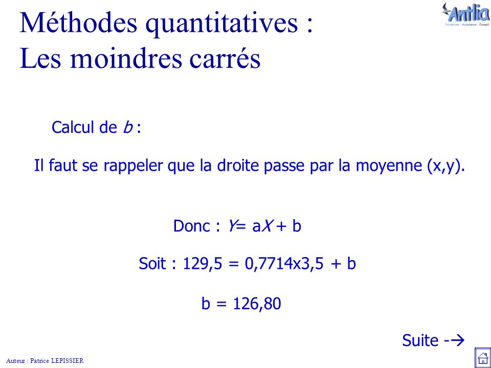 Auteur : Patrice LEPISSIER Méthodes quantitatives : Les moindres carrés Calcul de b : Suite -  Il faut se rappeler que la droite passe par la moyenne (x,y).