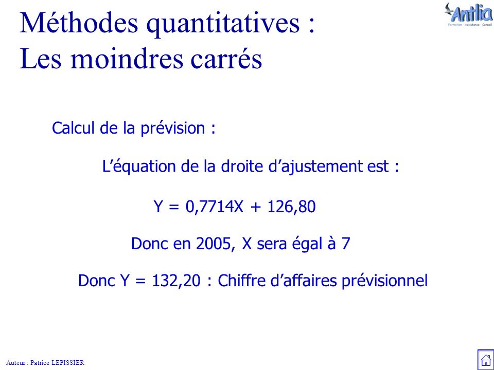 Auteur : Patrice LEPISSIER Méthodes quantitatives : Les moindres carrés Calcul de la prévision : L’équation de la droite d’ajustement est : Y = 0,7714X + 126,80 Donc en 2005, X sera égal à 7 Donc Y = 132,20 : Chiffre d’affaires prévisionnel