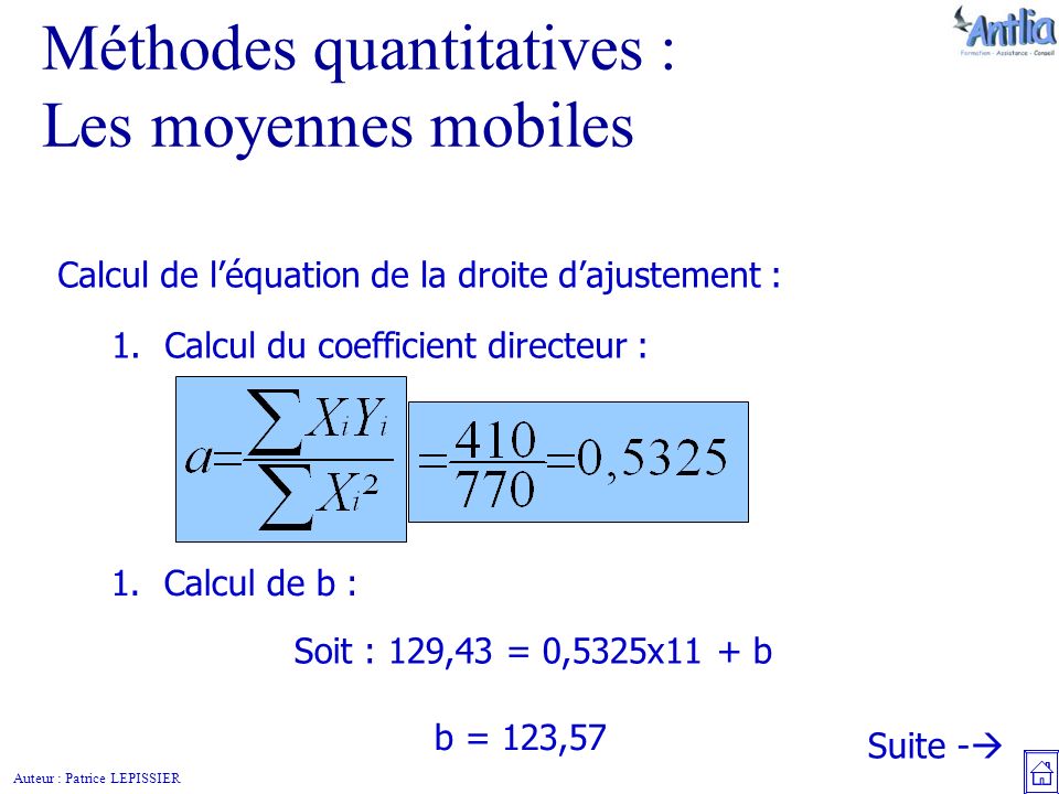 Auteur : Patrice LEPISSIER Méthodes quantitatives : Les moyennes mobiles Suite -  Calcul de l’équation de la droite d’ajustement : 1.Calcul du coefficient directeur : 1.Calcul de b : Soit : 129,43 = 0,5325x11 + b b = 123,57