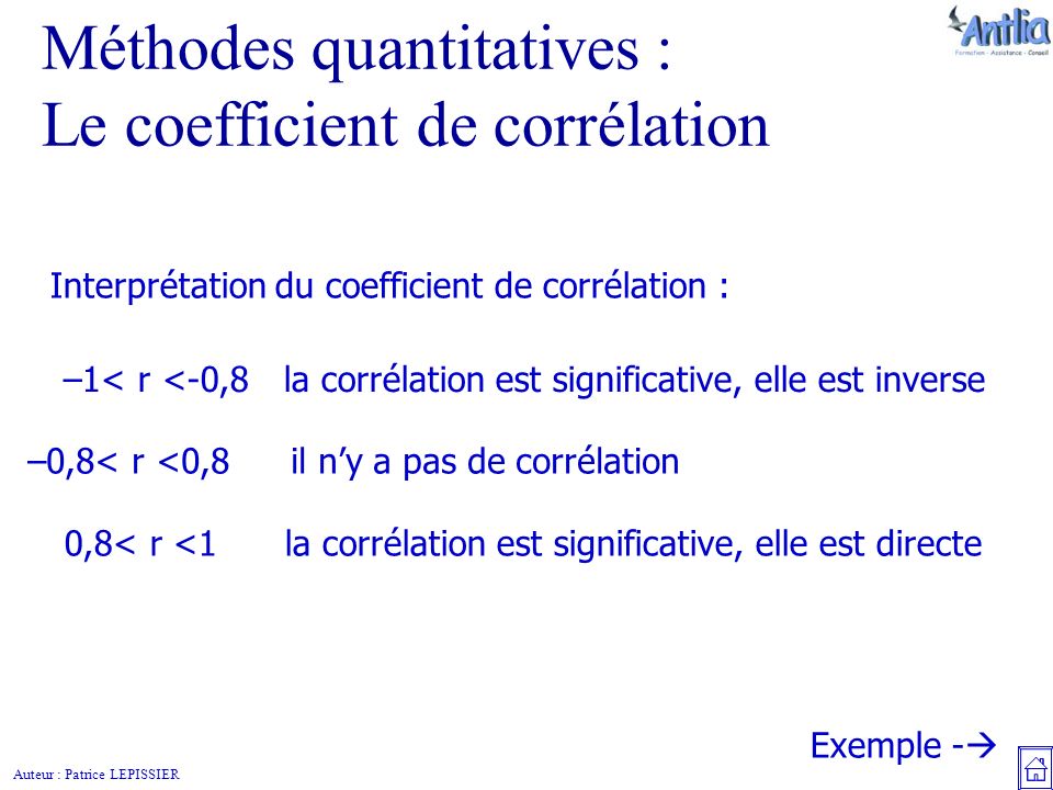 Auteur : Patrice LEPISSIER Méthodes quantitatives : Le coefficient de corrélation Exemple -  Interprétation du coefficient de corrélation : –1< r <-0,8la corrélation est significative, elle est inverse –0,8< r <0,8il n’y a pas de corrélation 0,8< r <1la corrélation est significative, elle est directe