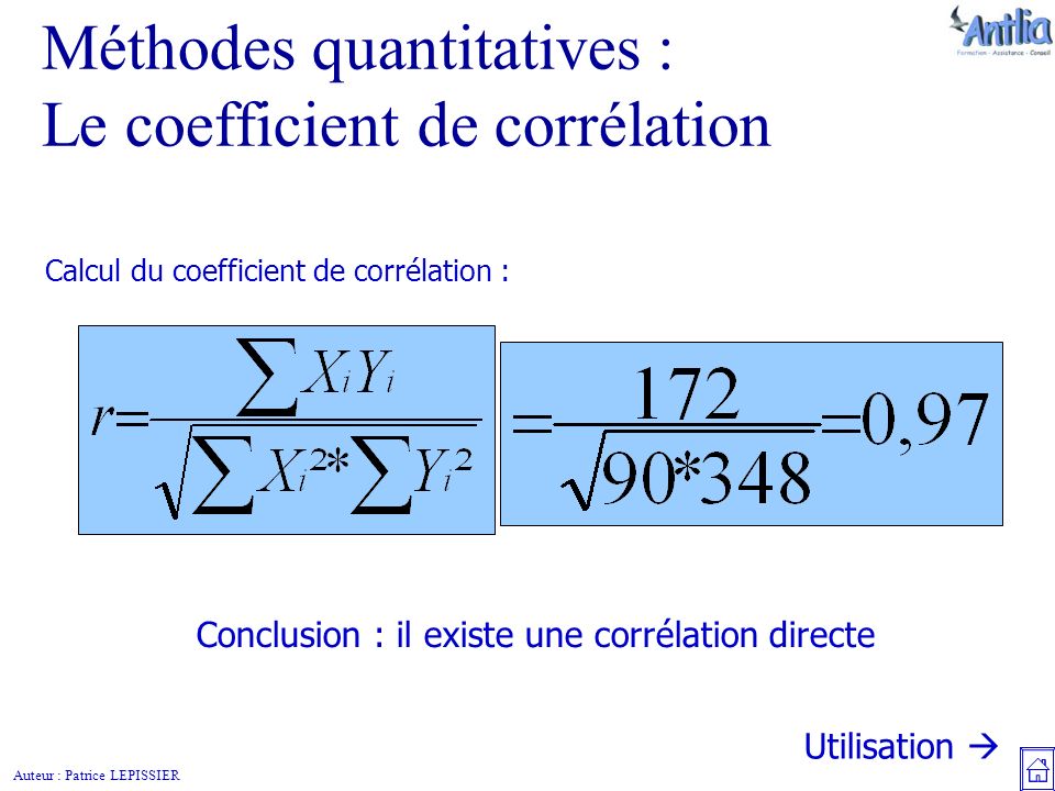 Auteur : Patrice LEPISSIER Méthodes quantitatives : Le coefficient de corrélation Utilisation  Calcul du coefficient de corrélation : Conclusion : il existe une corrélation directe