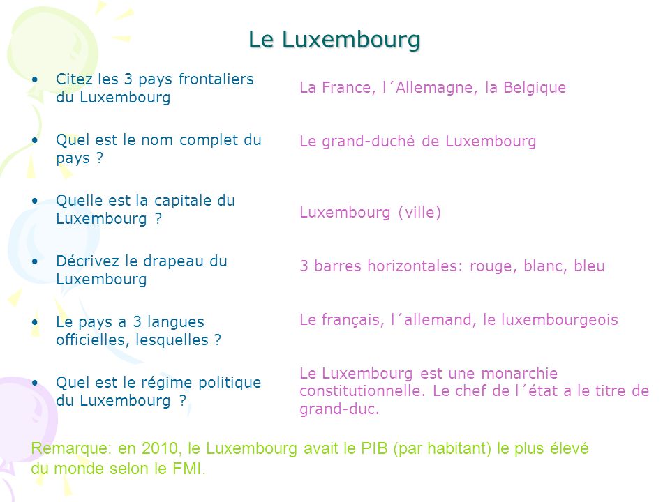 Le Luxembourg Citez les 3 pays frontaliers du Luxembourg Quel est le nom complet du pays .