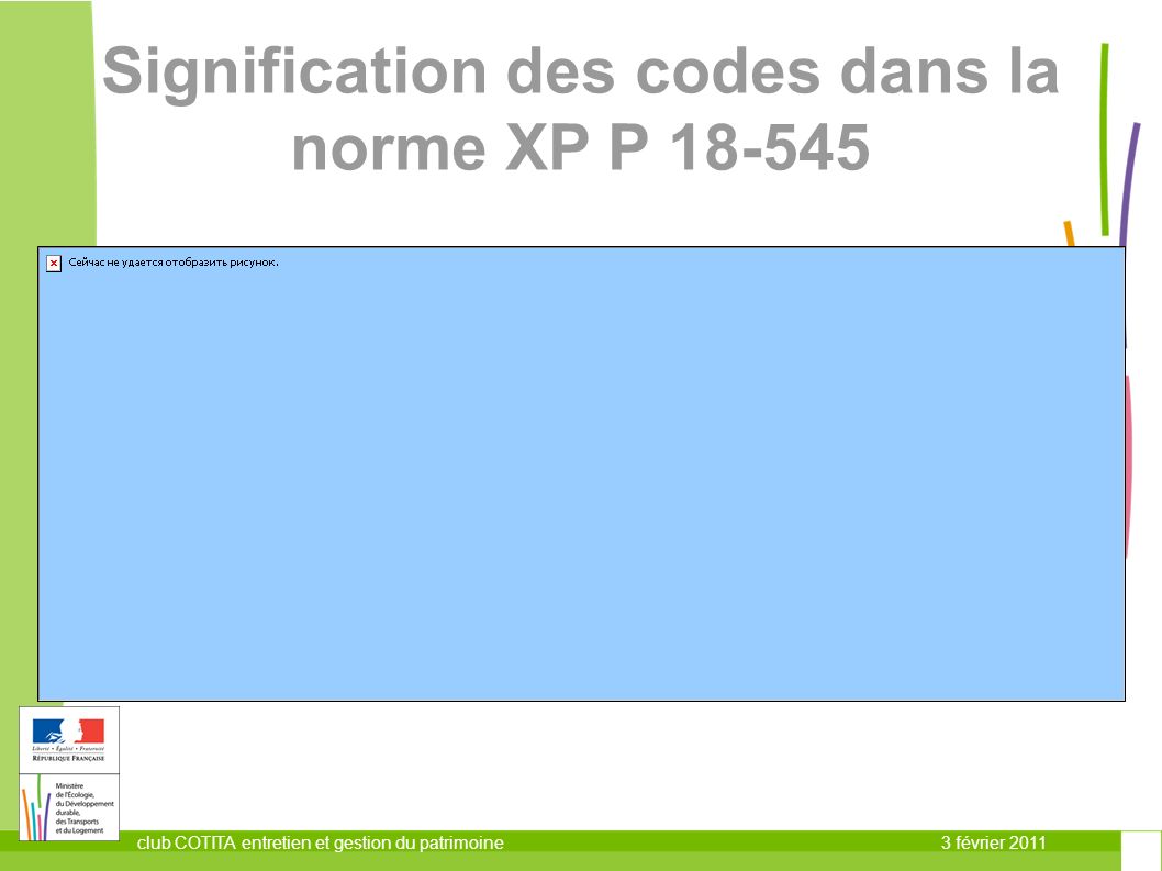 3 février 2011club COTITA entretien et gestion du patrimoine Signification des codes dans la norme XP P
