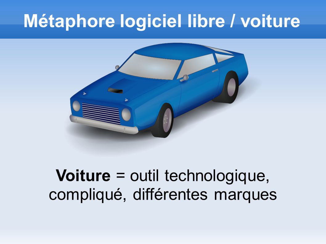 Métaphore logiciel libre / voiture Voiture = outil technologique, compliqué, différentes marques