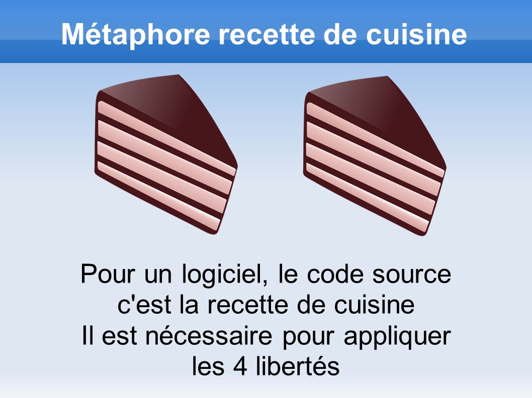 Métaphore recette de cuisine Pour un logiciel, le code source c est la recette de cuisine Il est nécessaire pour appliquer les 4 libertés