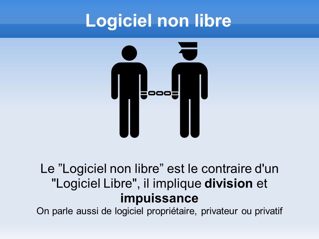 Logiciel non libre Le Logiciel non libre est le contraire d un Logiciel Libre , il implique division et impuissance On parle aussi de logiciel propriétaire, privateur ou privatif
