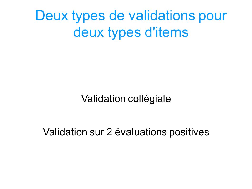 Deux types de validations pour deux types d items Validation collégiale Validation sur 2 évaluations positives SOCLE COMMUN au COLLEGE