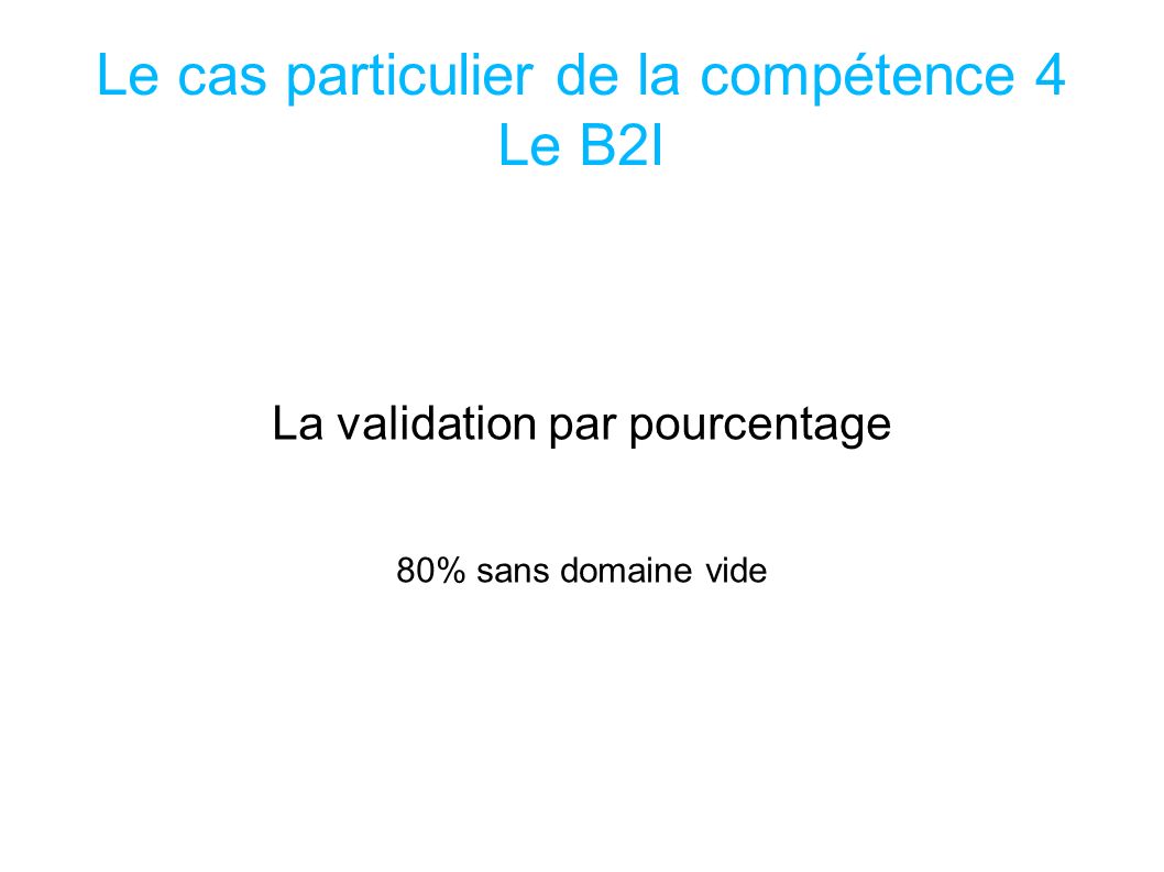 Le cas particulier de la compétence 4 Le B2I La validation par pourcentage 80% sans domaine vide SOCLE COMMUN au COLLEGE
