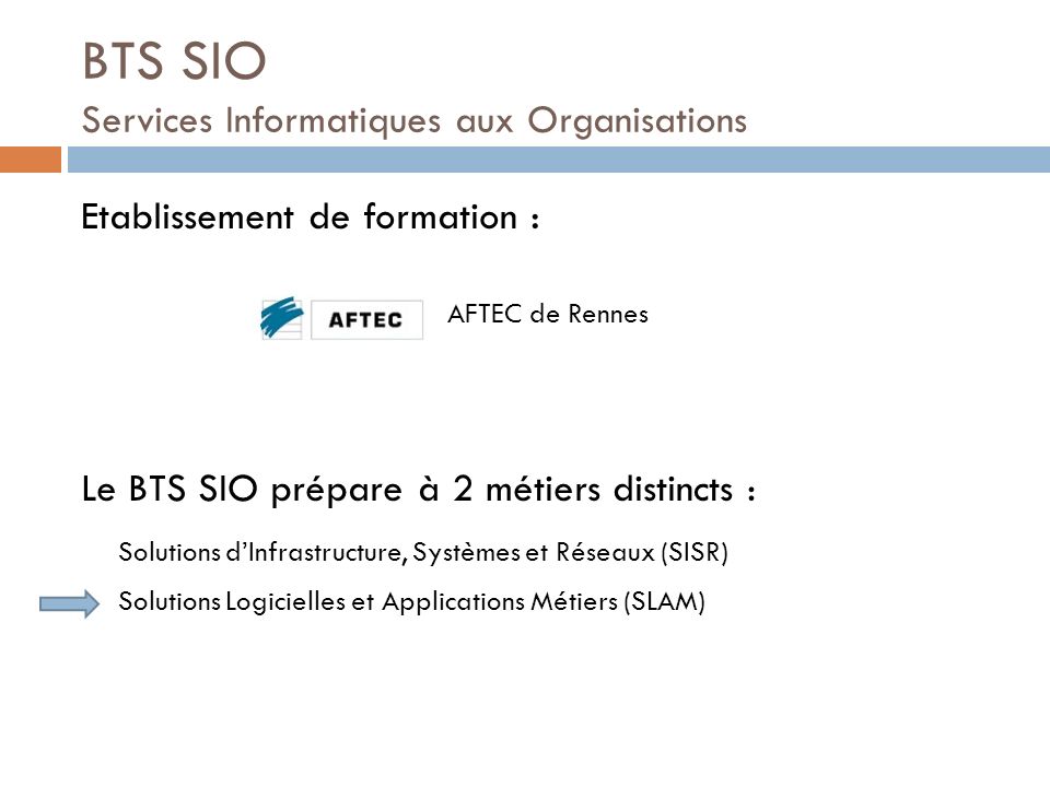 BTS SIO Services Informatiques aux Organisations Etablissement de formation : AFTEC de Rennes Le BTS SIO prépare à 2 métiers distincts : Solutions d’Infrastructure, Systèmes et Réseaux (SISR) Solutions Logicielles et Applications Métiers (SLAM)