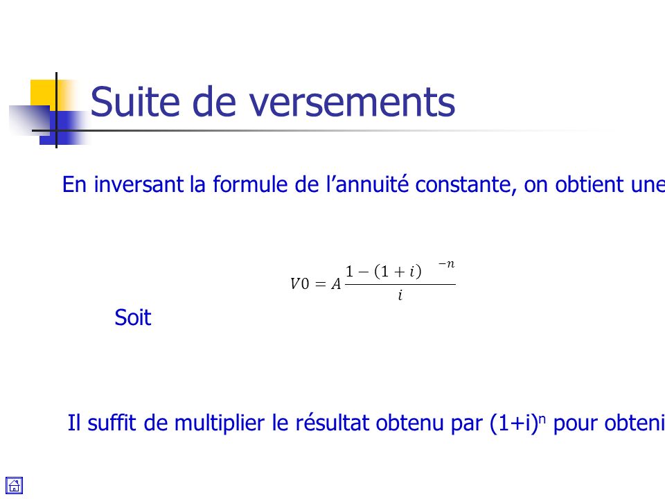 Suite de versements En inversant la formule de l’annuité constante, on obtient une formule donnant la Valeur Actuelle d’une suite de versements égaux.