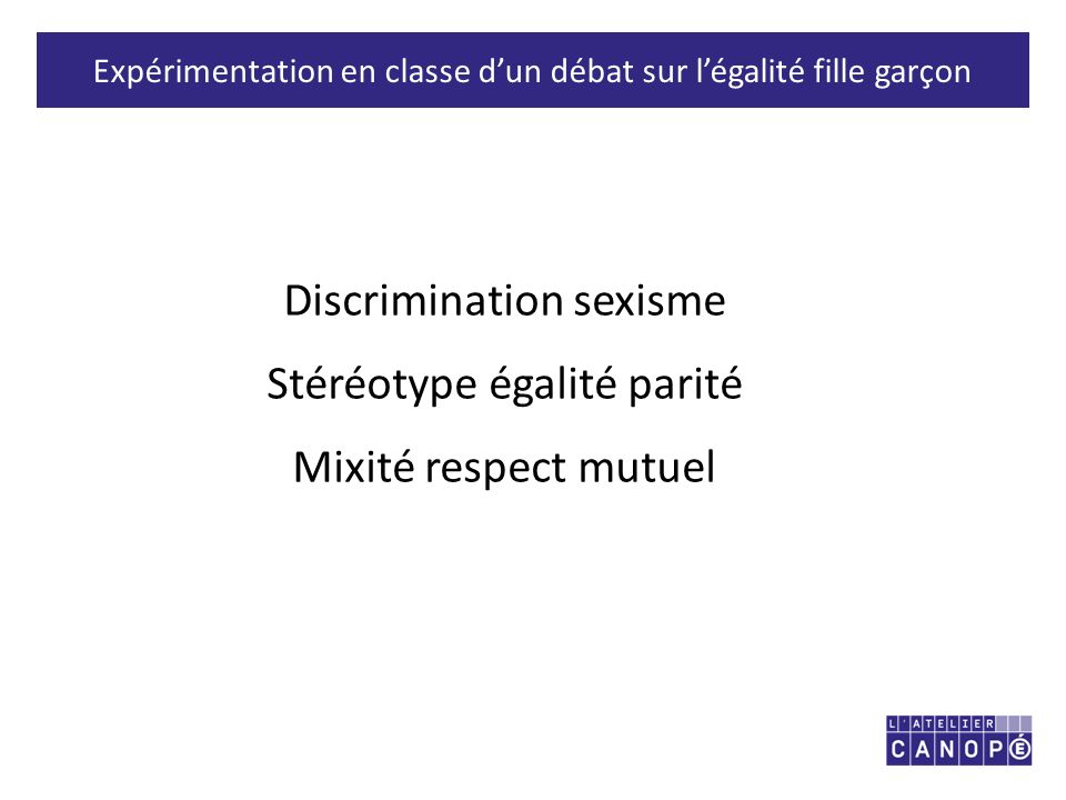 Expérimentation en classe d’un débat sur l’égalité fille garçon Discrimination sexisme Stéréotype égalité parité Mixité respect mutuel