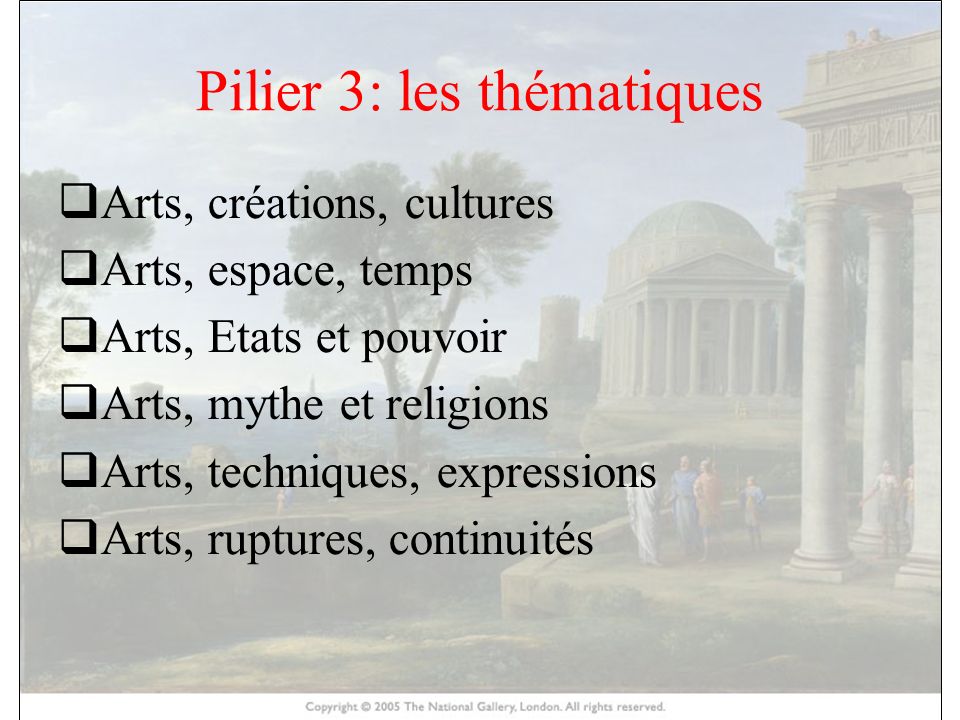 HISTOIRE DES ARTS Pilier 3: les thématiques  Arts, créations, cultures  Arts, espace, temps  Arts, Etats et pouvoir  Arts, mythe et religions  Arts, techniques, expressions  Arts, ruptures, continuités