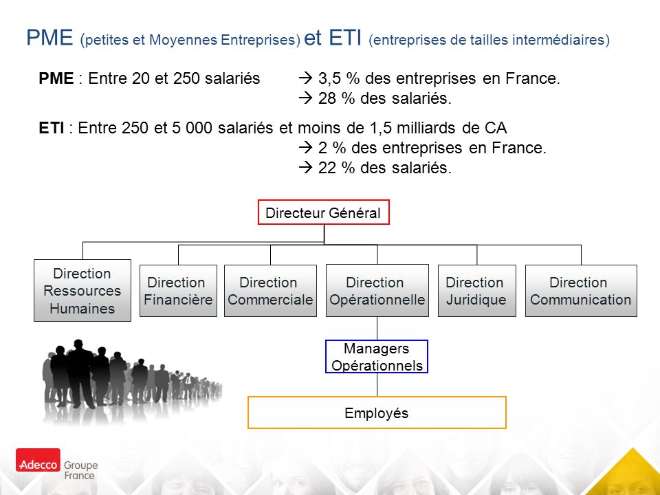 PME ( petites et Moyennes Entreprises) et ETI (entreprises de tailles intermédiaires) PME : Entre 20 et 250 salariés  3,5 % des entreprises en France.