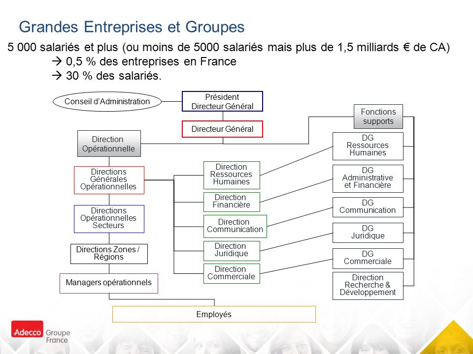 Grandes Entreprises et Groupes salariés et plus (ou moins de 5000 salariés mais plus de 1,5 milliards € de CA)  0,5 % des entreprises en France  30 % des salariés.