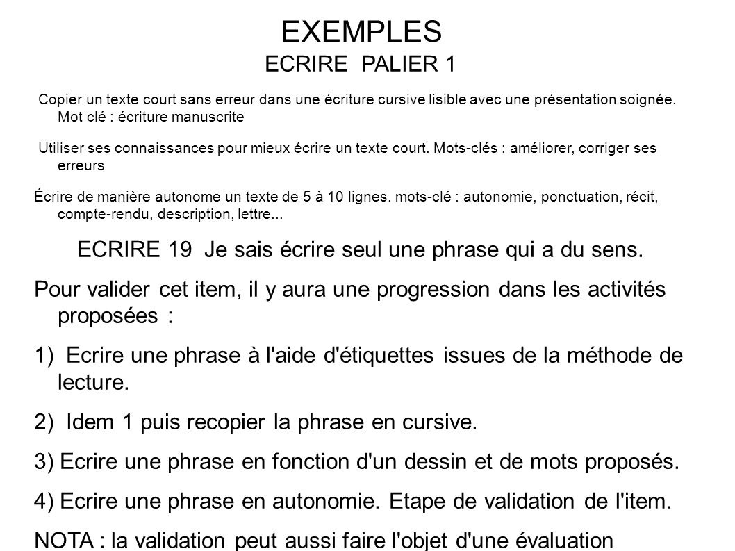 EXEMPLES ECRIRE PALIER 1 Copier un texte court sans erreur dans une écriture cursive lisible avec une présentation soignée.