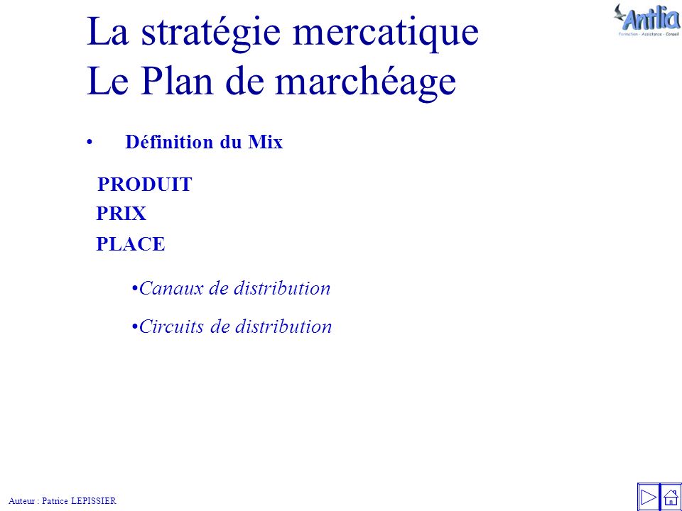 Auteur : Patrice LEPISSIER La stratégie mercatique Le Plan de marchéage Définition du Mix Canaux de distribution Circuits de distribution PRODUIT PRIX PLACE